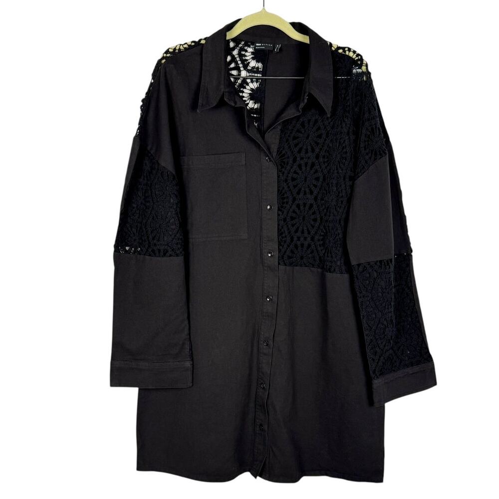 ASOS Black Floral Crochet Patch Button‎ Up Long Sleeve Relaxed Fit Top Jacket 10